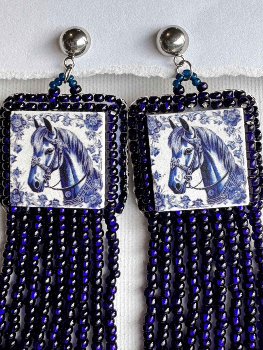 Handmade Blue Horse Ceramic Fringe Statement Earrings - Picture 4 of 10